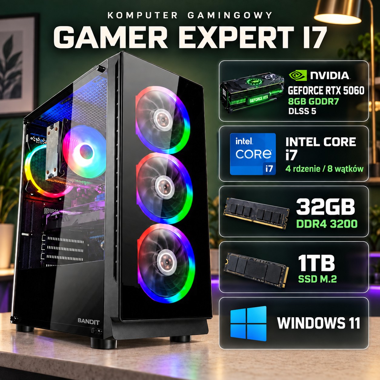 PC Gamingowy Gamer Exper I7 6700 32GB DDR4 1TB SSD RTX 5060 8GB