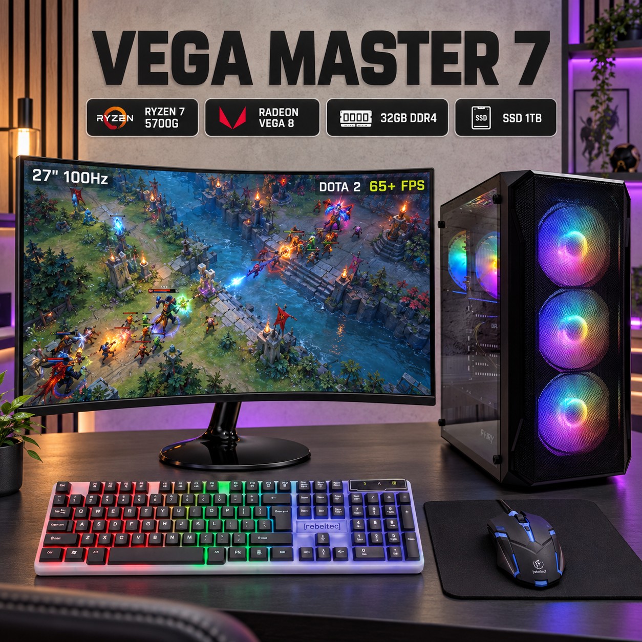 Vega Master 7 — zestaw gamingowy Ryzen 7 5700G, Radeon Vega 8, 32 GB, 1 TB, monitor 27
