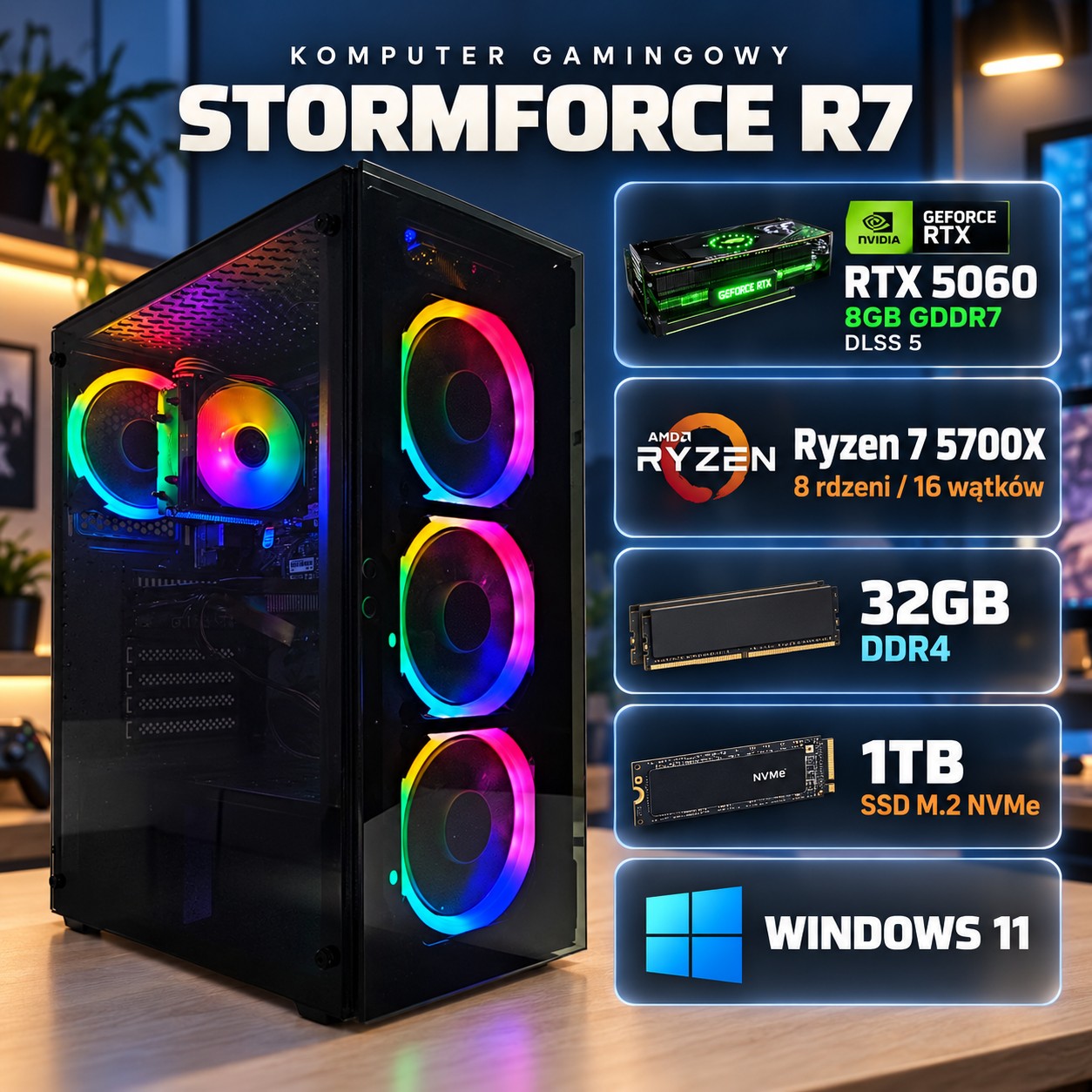 PC GAMINGOWY STORMFORCE 5700X Ryzen 32GB RTX 5060 8GB +Wi-Fi +WIN11
