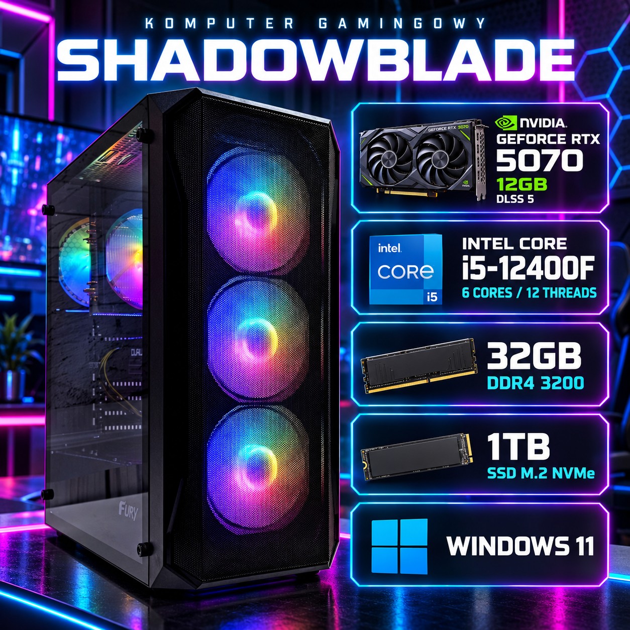 PC GAMINGOWY SHADOWBLADE i5 12400F 16GB 1TB M.2 RTX 5070 8GB