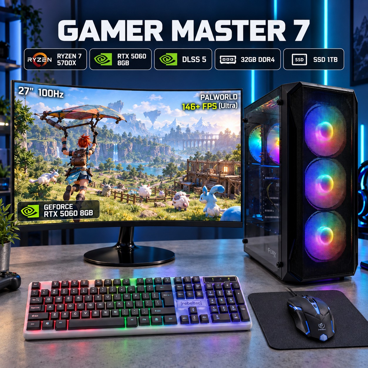 ZESTAW GAMINGOWY Ryzen 7 5700X 32GB RTX 5060 8GB +WIN11 +MONITOR 27 100Hz