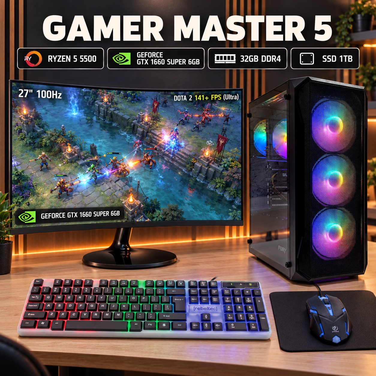 ZESTAW KOMPUTEROWY GAMINGOWY 27100Hz Ryzen 5 5500 32GB GDDR6 GTX 1660S 6GB
