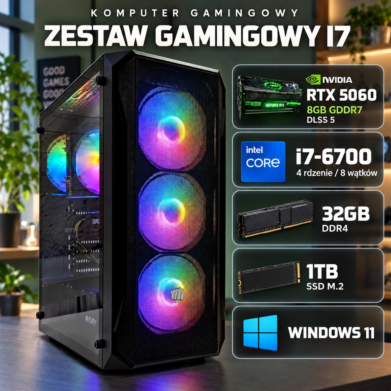 ZESTAW GAMINGOWY I7 32GB RTX 5060 8GB +MONITOR 27 165Hz 1ms WIN 11