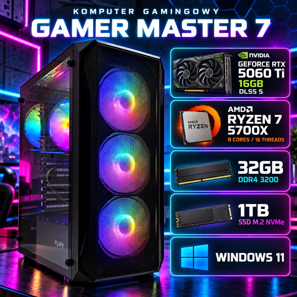 Komputer gamingowy Fury Shobo Ryzen 7 5700X, RTX 5060 Ti 16GB DLSS 5, 32GB, 1TB SSD M.2, Win11