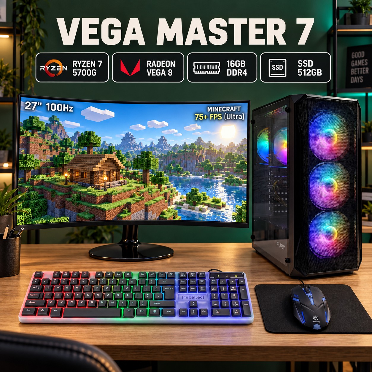 Vega Master 7 — zestaw gamingowy Ryzen 7 5700G, Radeon Vega 8, monitor 27