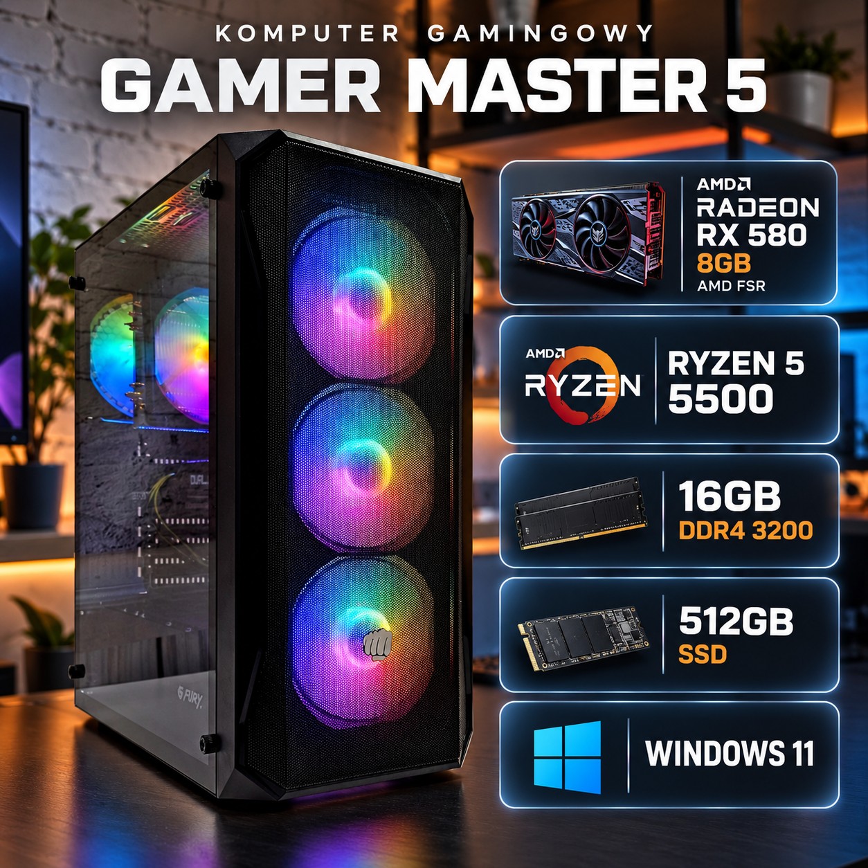 Gamer Master 5 — komputer gamingowy Ryzen 5 5500, Radeon RX 580 8GB