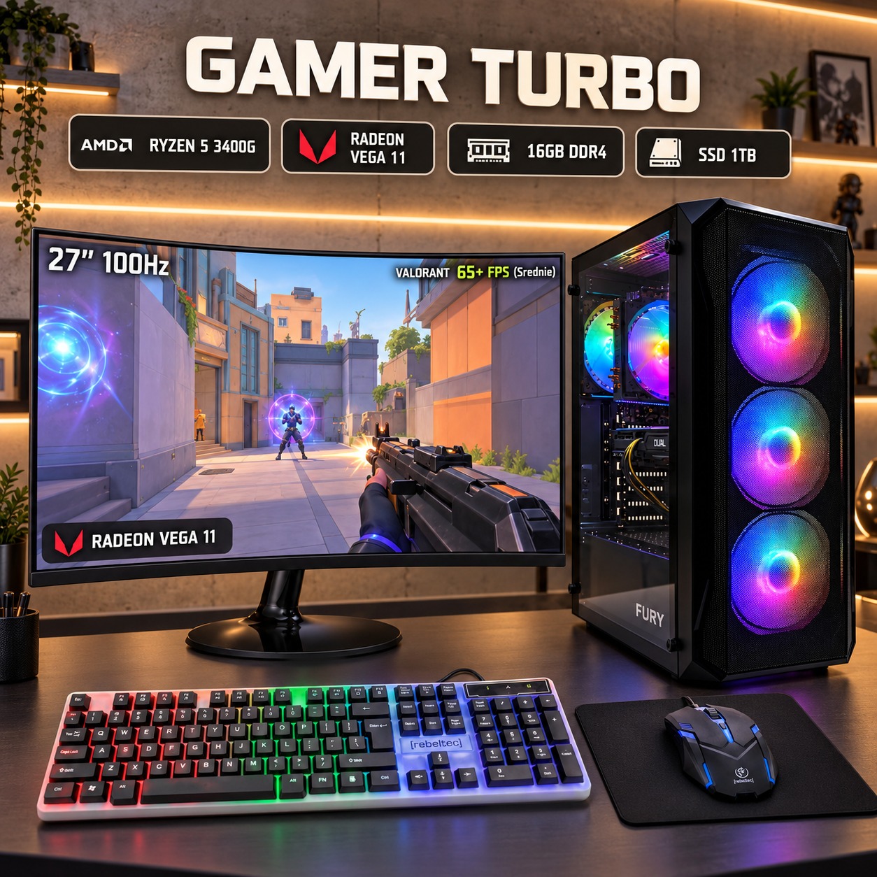 ZESTAW KOMPUTER GAMINGOWY 27 |RYZEN 5|VEGA 11|16GB|1TB| WI-FI|WIN 11