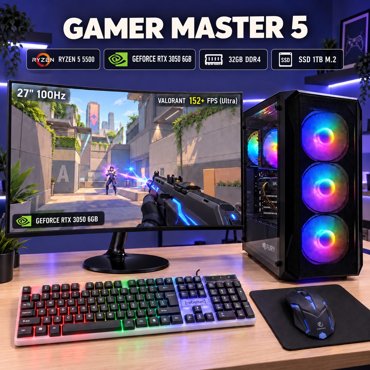 Gamer Master 5 — Ryzen 5 5500, GeForce RTX 3050 6GB, 32GB DDR4, SSD 1TB M.2, monitor 27