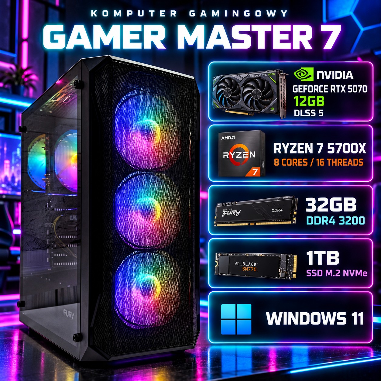Komputer gamingowy Fury Shobo Ryzen 7 5700X, RTX 5070 12GB DLSS 5, 32GB, 1TB SSD M.2, Win11