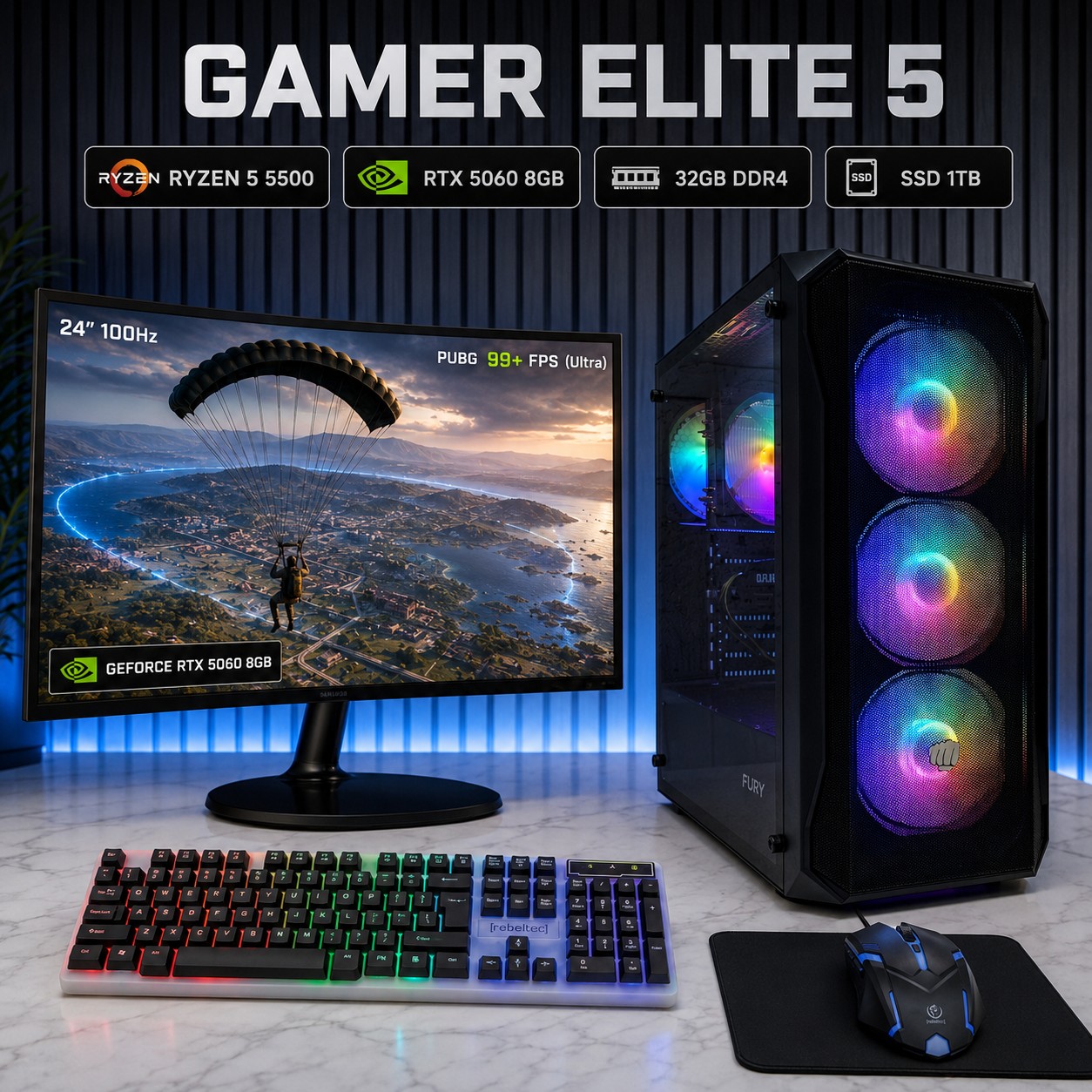 ZESTAW GAMINGOWY Ryzen 5 5500 RTX 5060 8GB 32GB DDR4 1TB Monitor 24