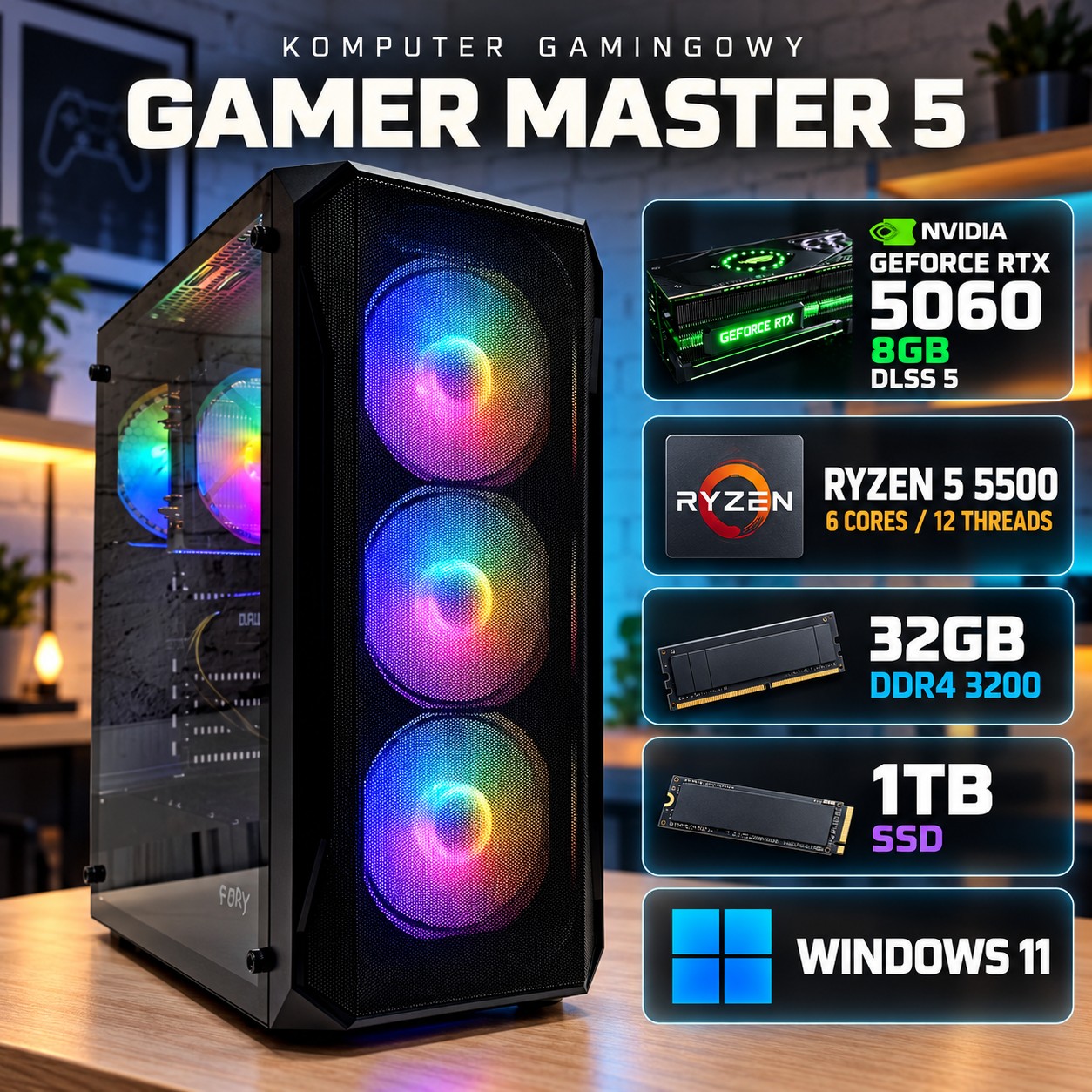 PC Gamingowy Fury Shobo Ryzen 5 5500 RTX 5060 8GB 32GB DDR4 1TB