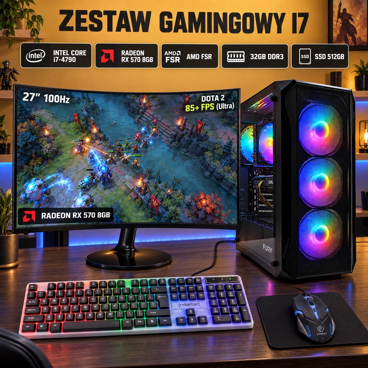 ZESTAW GAMINGOWY i7-4790 RX 570 8GB 32GB 512GB SSD WIN11 MONITOR 27