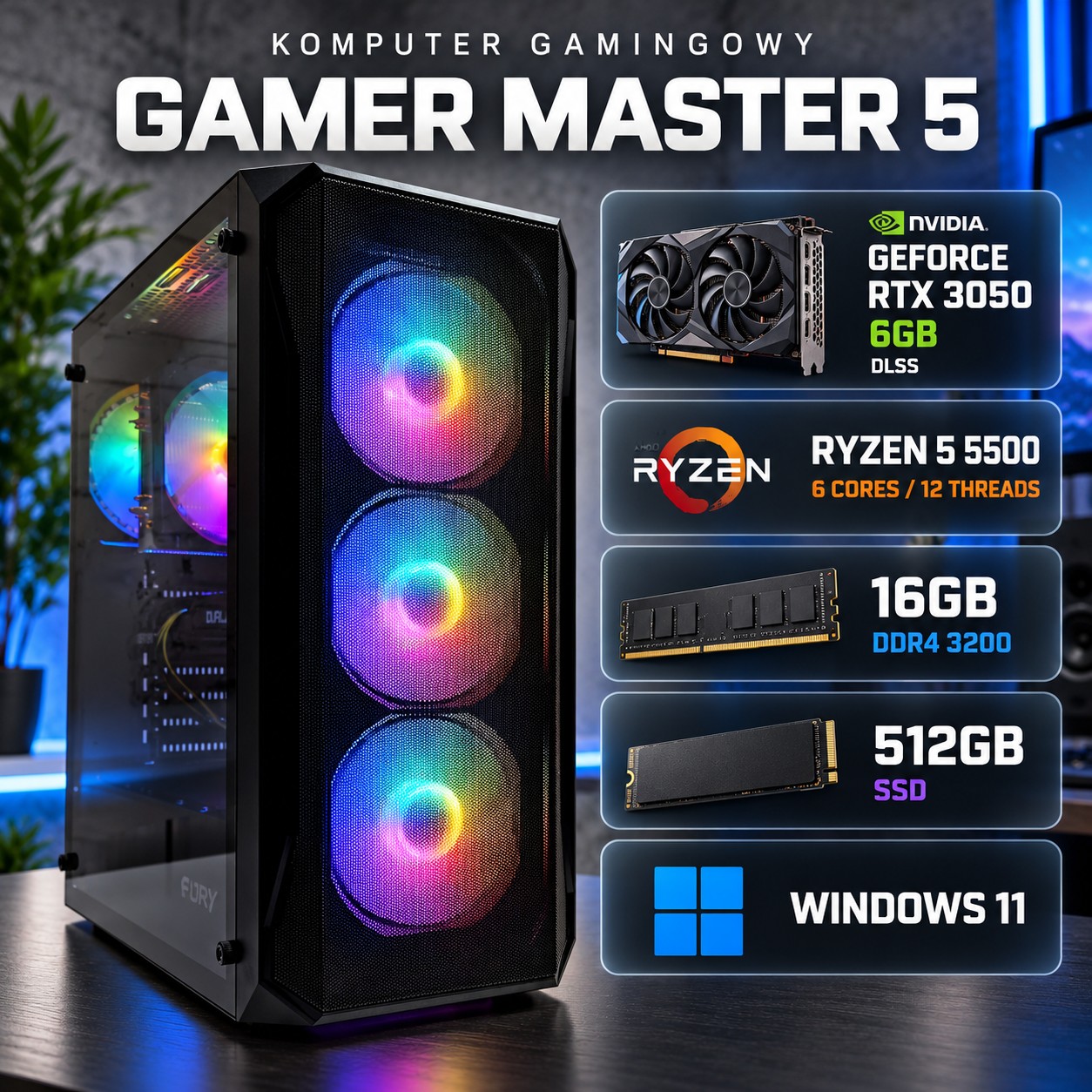 PC GAMINGOWY Ryzen 5 5500 RTX 3050 6GB 16GB DDR4 512GB WiFi WIN11PRO