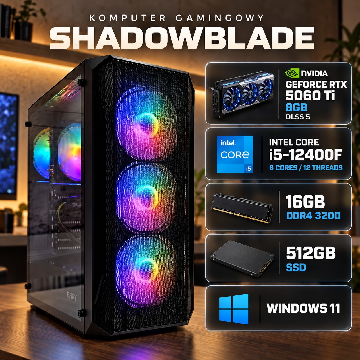 PC GAMINGOWY SHADOWBLADE i5 12400F 16GB 512GB M.2 RTX 5060Ti 8GB