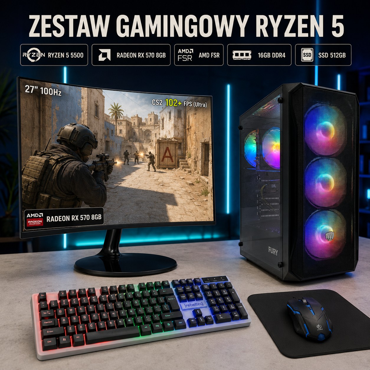 ZESTAW GAMINGOWY Ryzen 5 5500 RX 570 8GB 16GB 512GB SSD WIN11 MONITOR 27