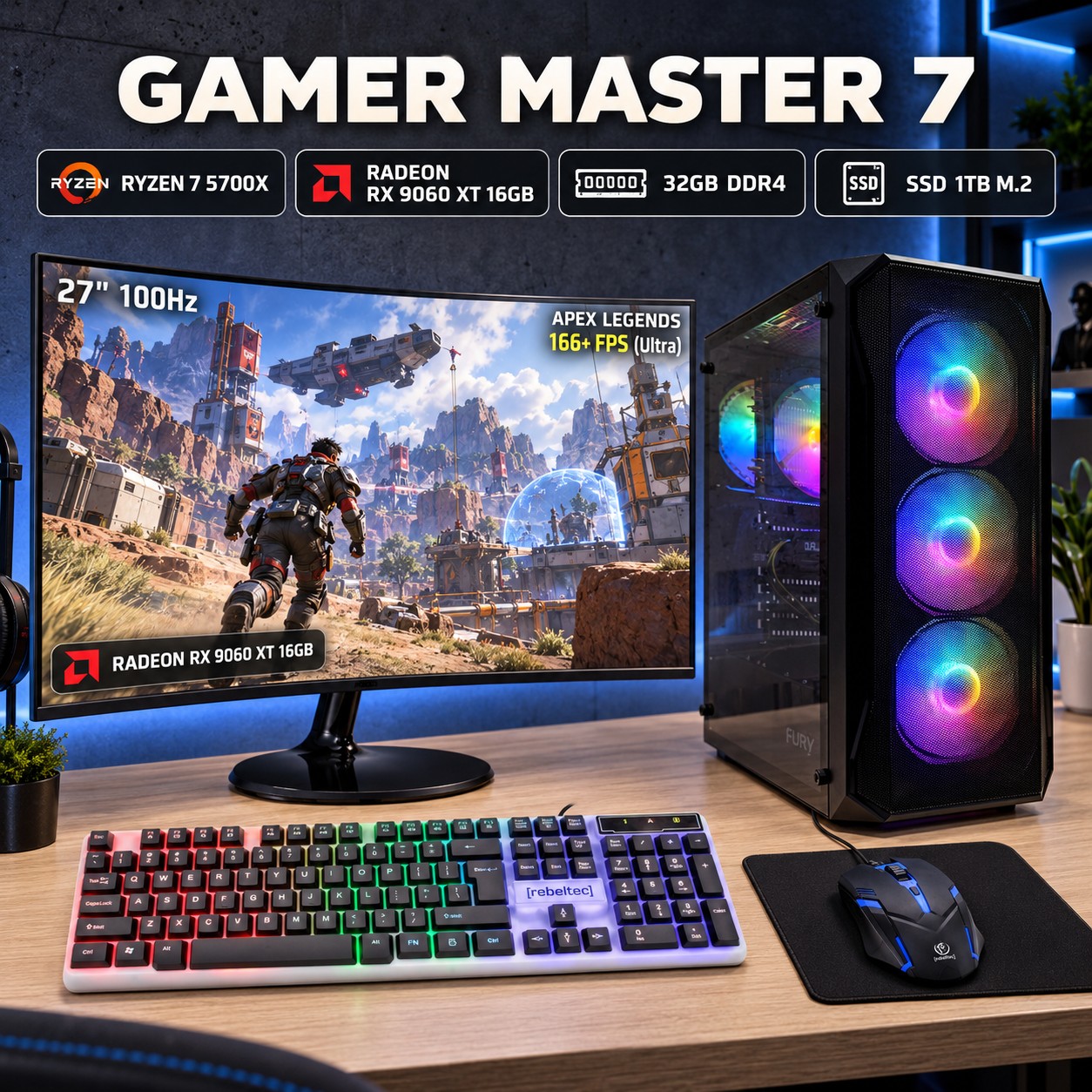 Komputer gamingowy Fury Shobo Ryzen 7 5700X, RX 9060 XT 16GB, 32GB, 1TB SSD M.2, Win11