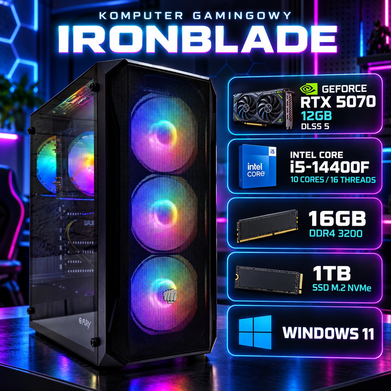 Komputer gamingowy Fury Shobo Intel Core i5-14400F, RTX 5070 12GB DLSS 5, 32GB, 1TB SSD M.2, Win11