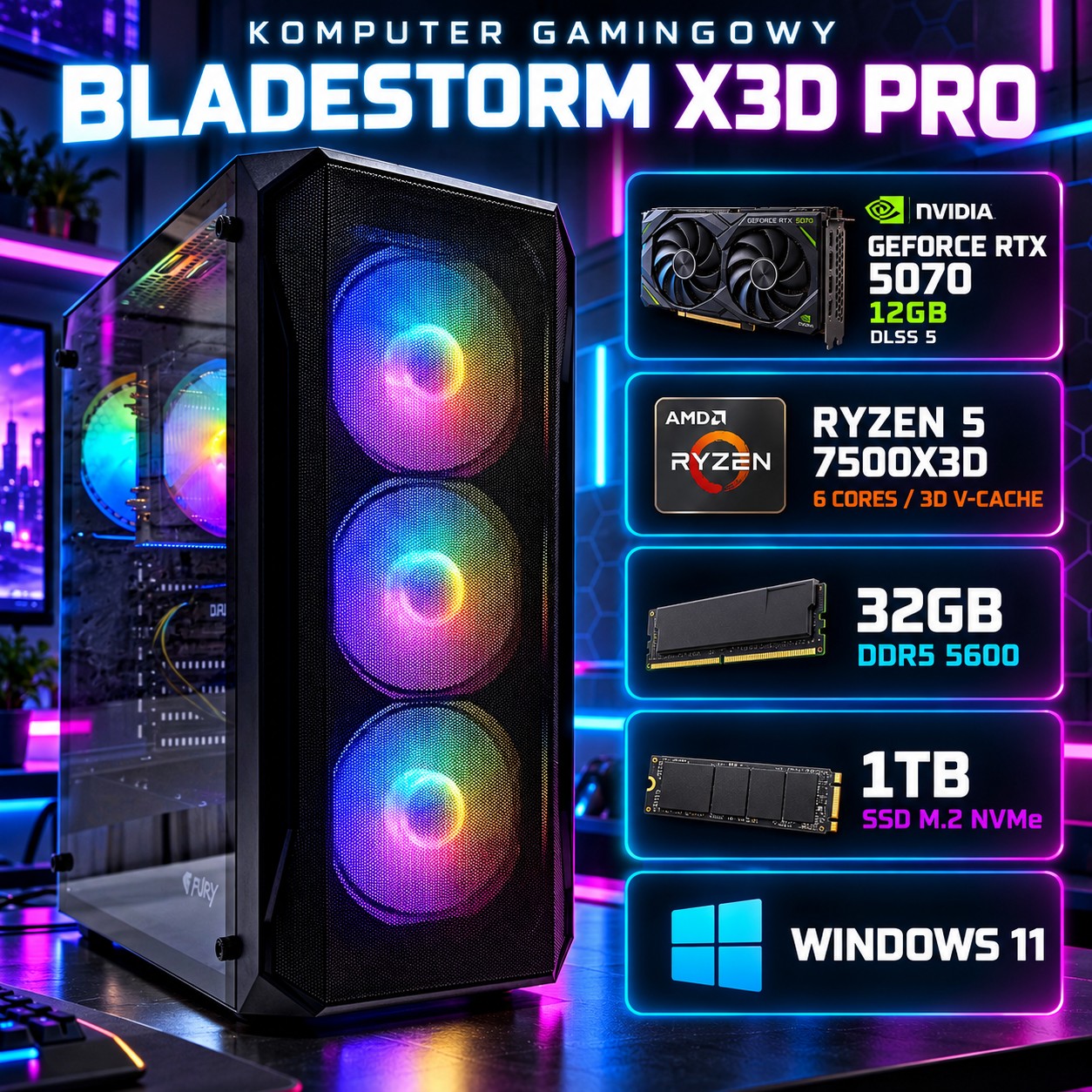 Komputer gamingowy Fury Shobo Ryzen 5 7500X3D, RTX 5070 12GB DLSS 5, 32GB, 1TB SSD M.2, Win11