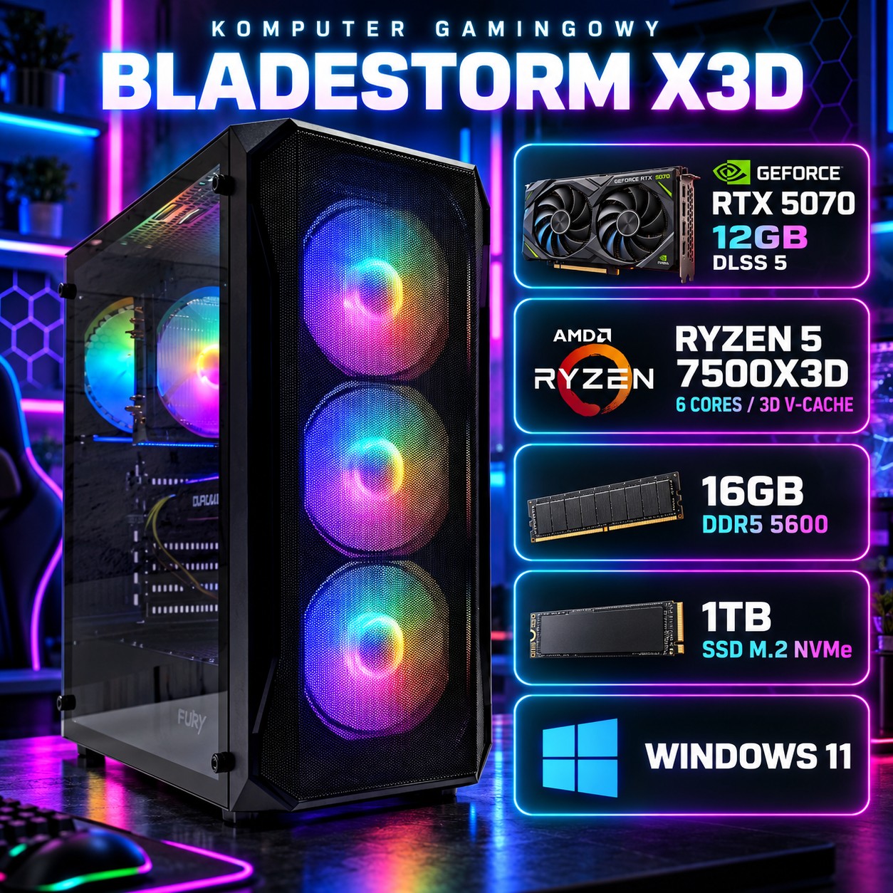 Komputer gamingowy Fury Shobo Ryzen 5 7500X3D, RTX 5070 12GB DLSS 5, 32GB, 1TB SSD M.2, Win11