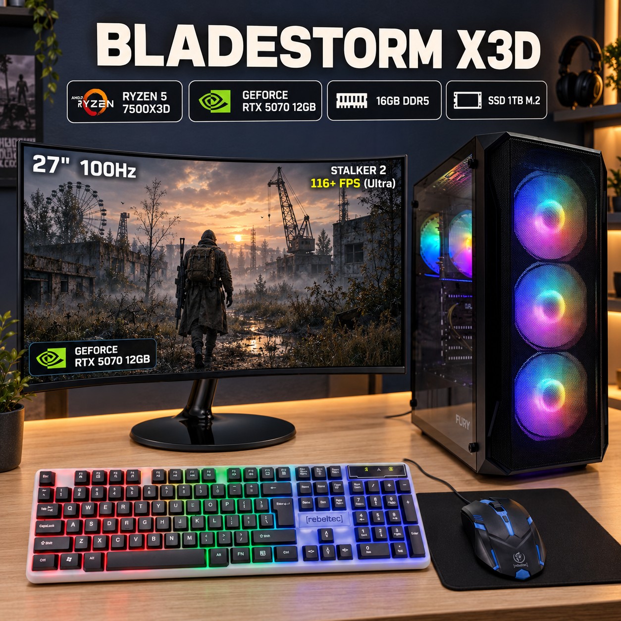 Komputer gamingowy Fury Shobo Ryzen 5 7500X3D, RTX 5070 12GB DLSS 5, 32GB, 1TB SSD M.2, Win11