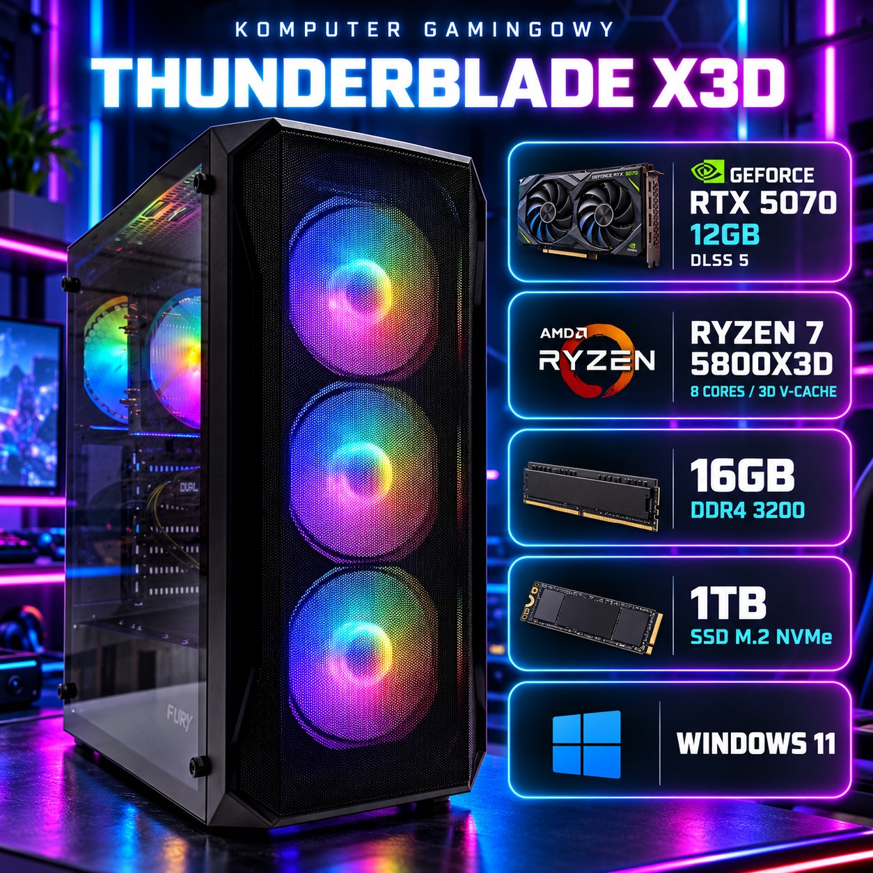 Komputer gamingowy Fury Shobo Ryzen 7 5800X3D, RTX 5070 12GB DLSS 5, 32GB, 1TB SSD M.2, Win11