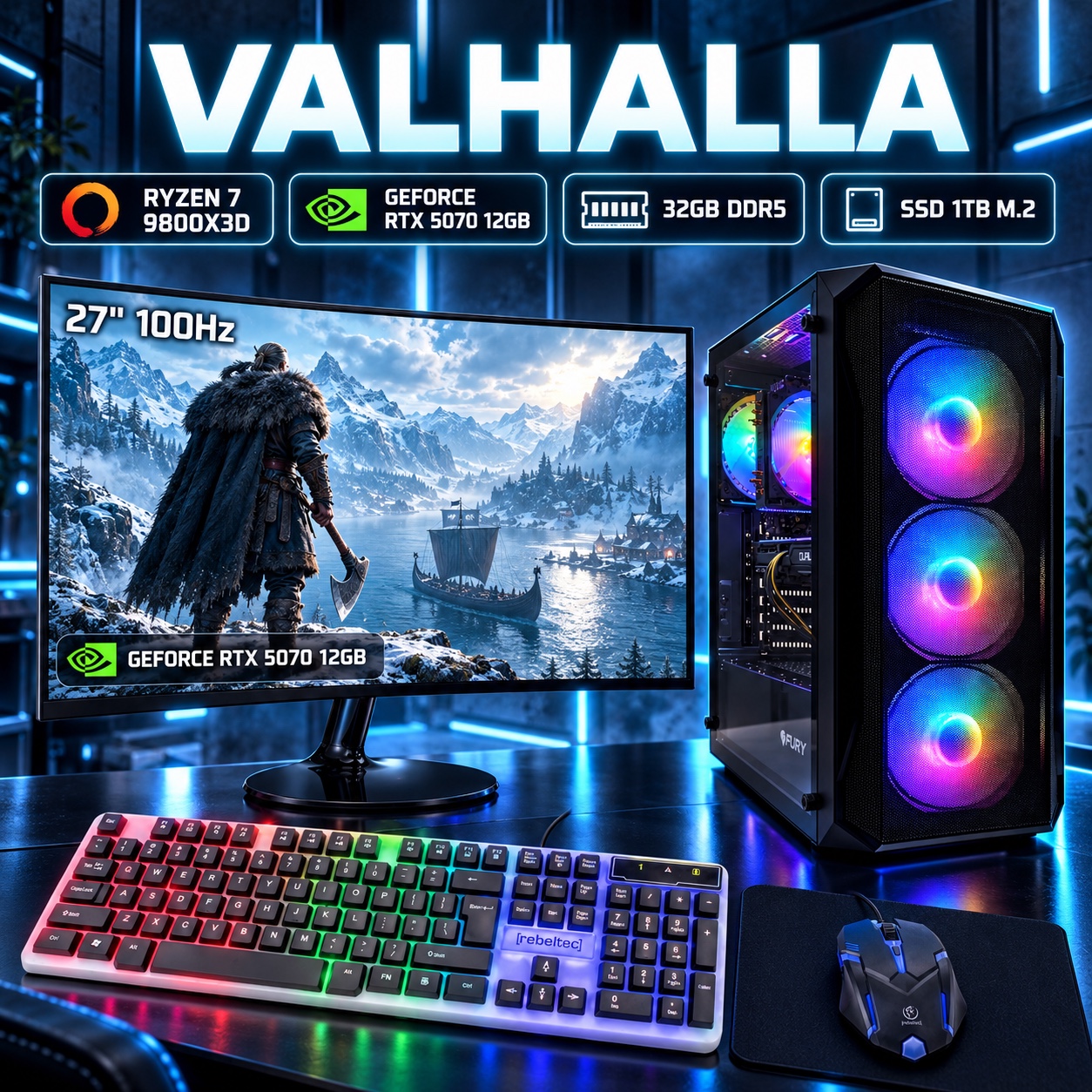 Gaming PC Fury Shobo Ryzen 7 9800X3D, RTX 5070 12GB DLSS 5, 32GB, 1TB SSD M.2, Win11