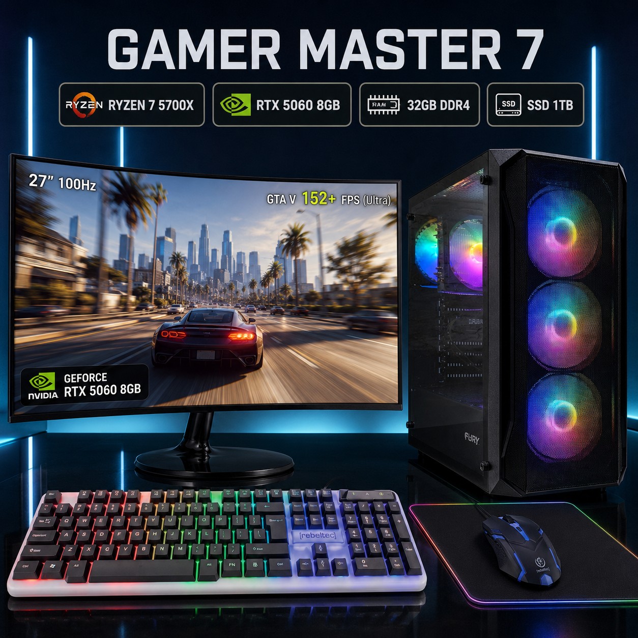ZESTAW GAMINGOWY Ryzen 7 5700X 32GB RTX 5060 8GB +WIN11 +MONITOR 27 100Hz