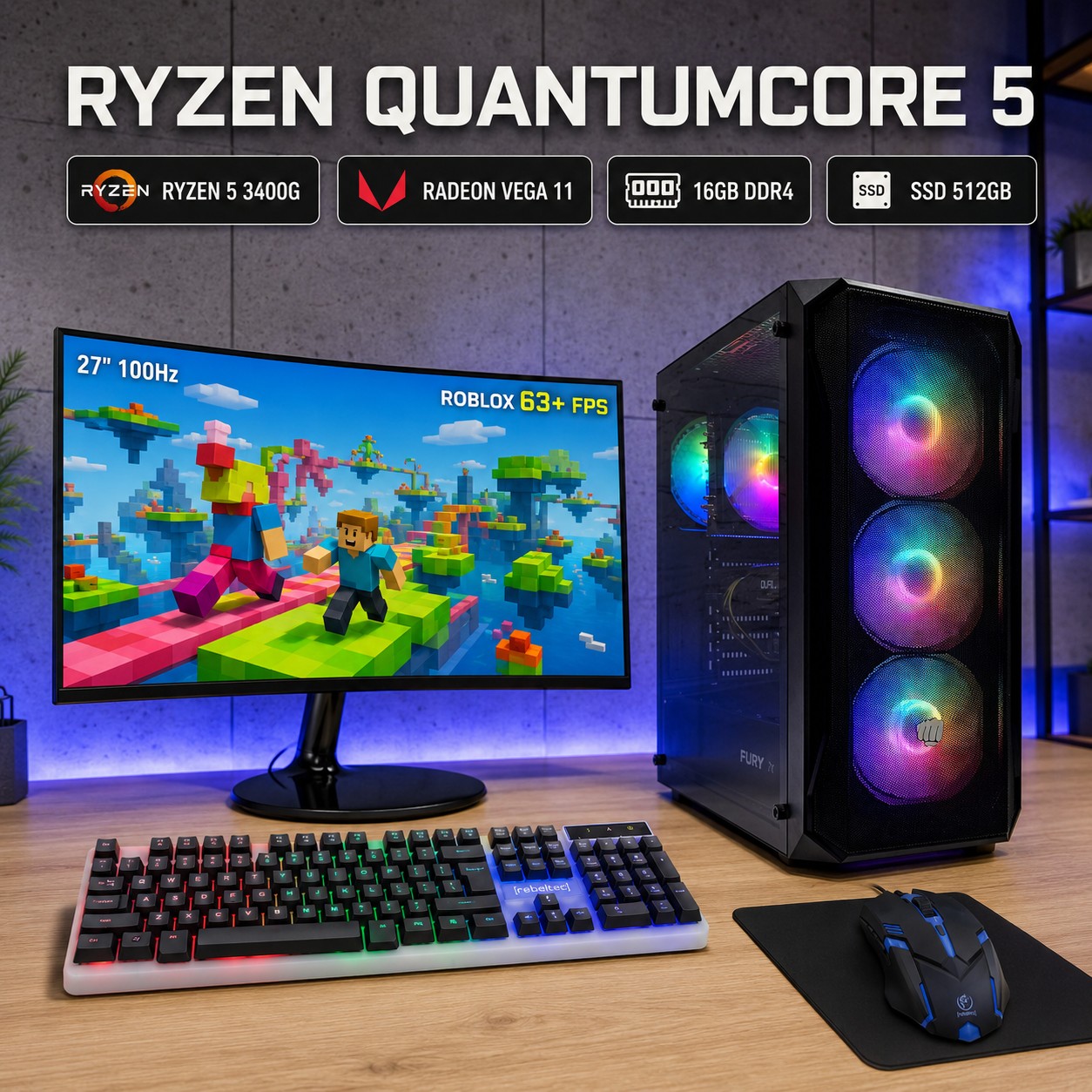 ZESTAW RYZEN QUANTUMCORE 5 |VEGA 11|16 GB|512 GB| WI-FI|WIN 11
