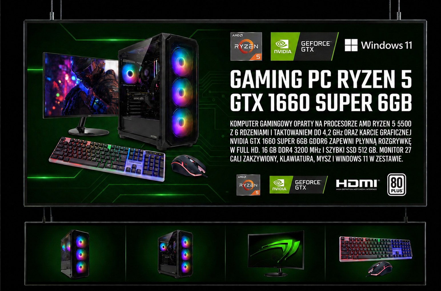 ZESTAW KOMPUTEROWY GAMINGOWY 27100Hz Ryzen 5 5500 16GB GDDR6 GTX 1660S 6GB