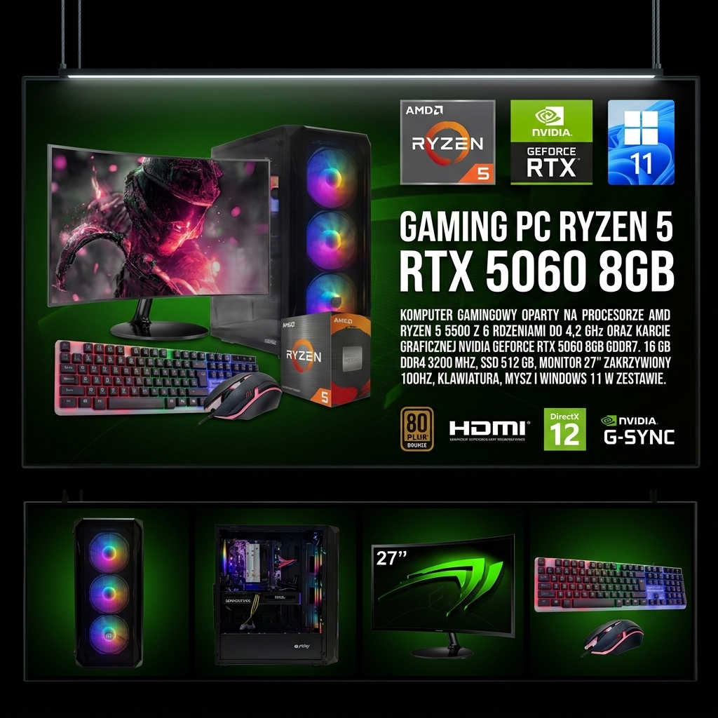 PC GAMINGOWY Ryzen 5 5500 RTX 5060 8GB 16GB DDR4 512GB +Wi-Fi +WIN11