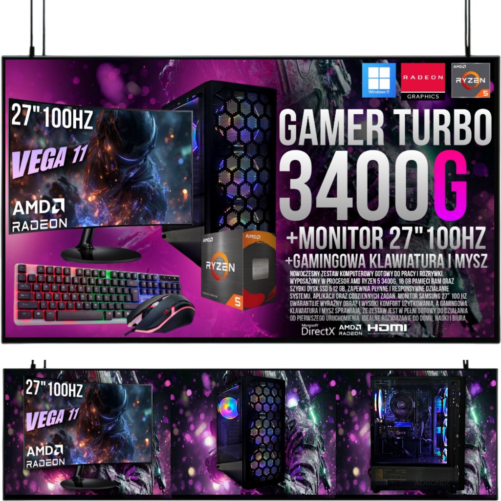 ZESTAW KOMPUTER GAMINGOWY 27 |RYZEN 5|VEGA 11|16GB|1TB| WI-FI|WIN 11