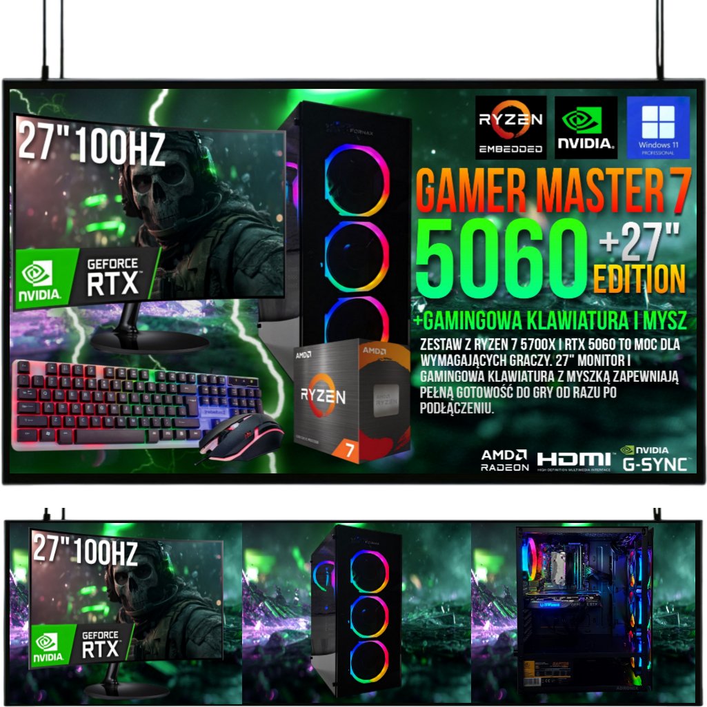 ZESTAW GAMINGOWY Ryzen 7 5700X 16GB RTX 5060 8GB +Wi-Fi +WIN11 +MONITOR 27