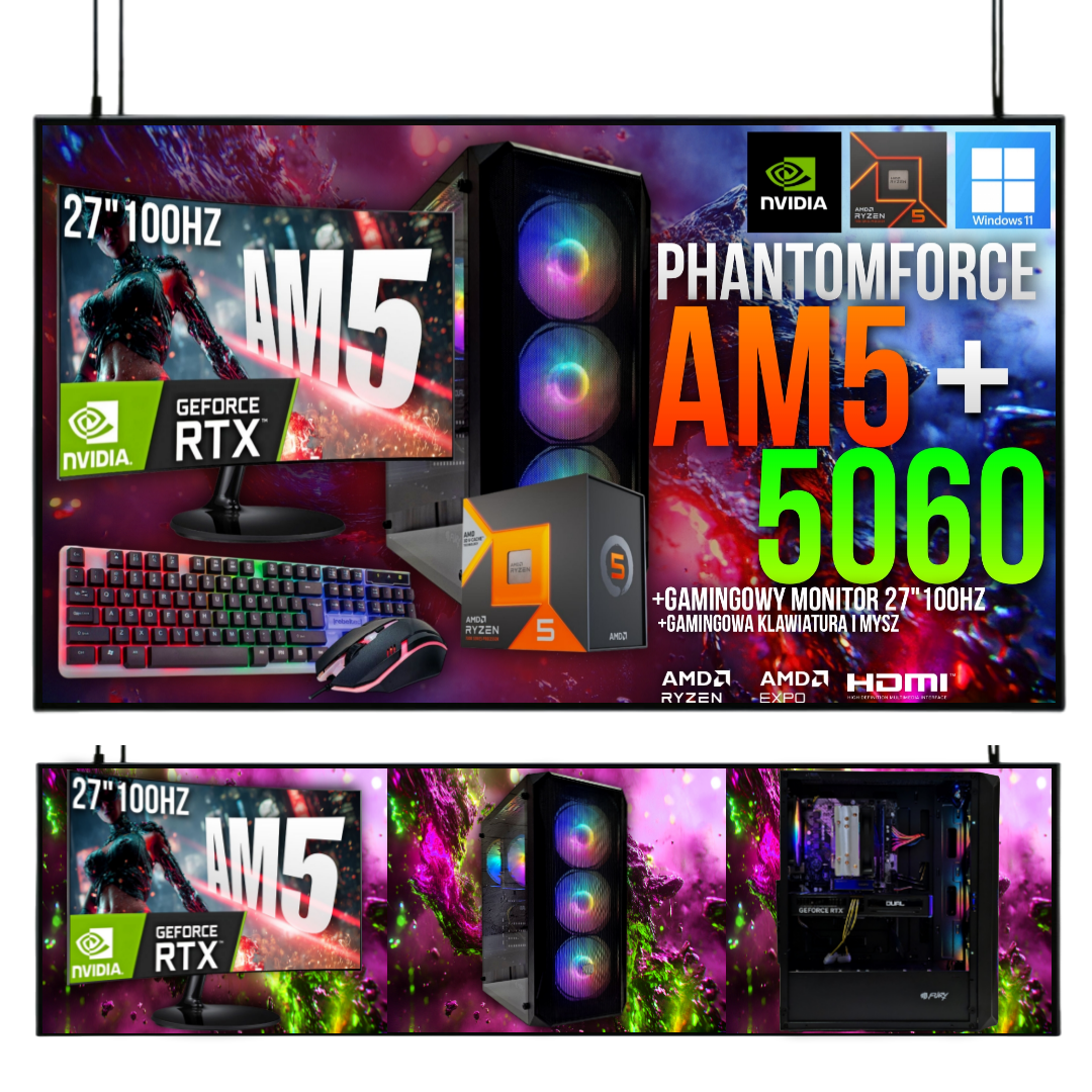 ZESTAW GAMINGOWY PHANTOMCORE Ryzen 5 7500F 32GB RTX 5060 8GB +Wi-Fi +WIN11 +MONITOR 27